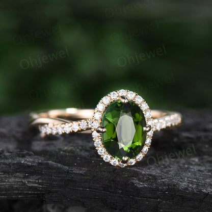 Oval green Tourmaline ring vintage unique engagement ring halo twisted diamond ring prong set fine jewelry yellow gold bridal ring women