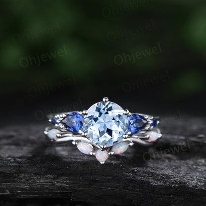 Round Aquamarine ring vintage pear sapphire ring five stone 6 prong blue gemstone ring opal wedding band engagement ring women bridal set