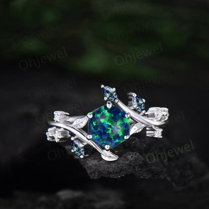 Hexagon black opal engagement ring rose gold Nature inspired leaf twig diamond ring women cluster alexandrite ring sterling silver gift
