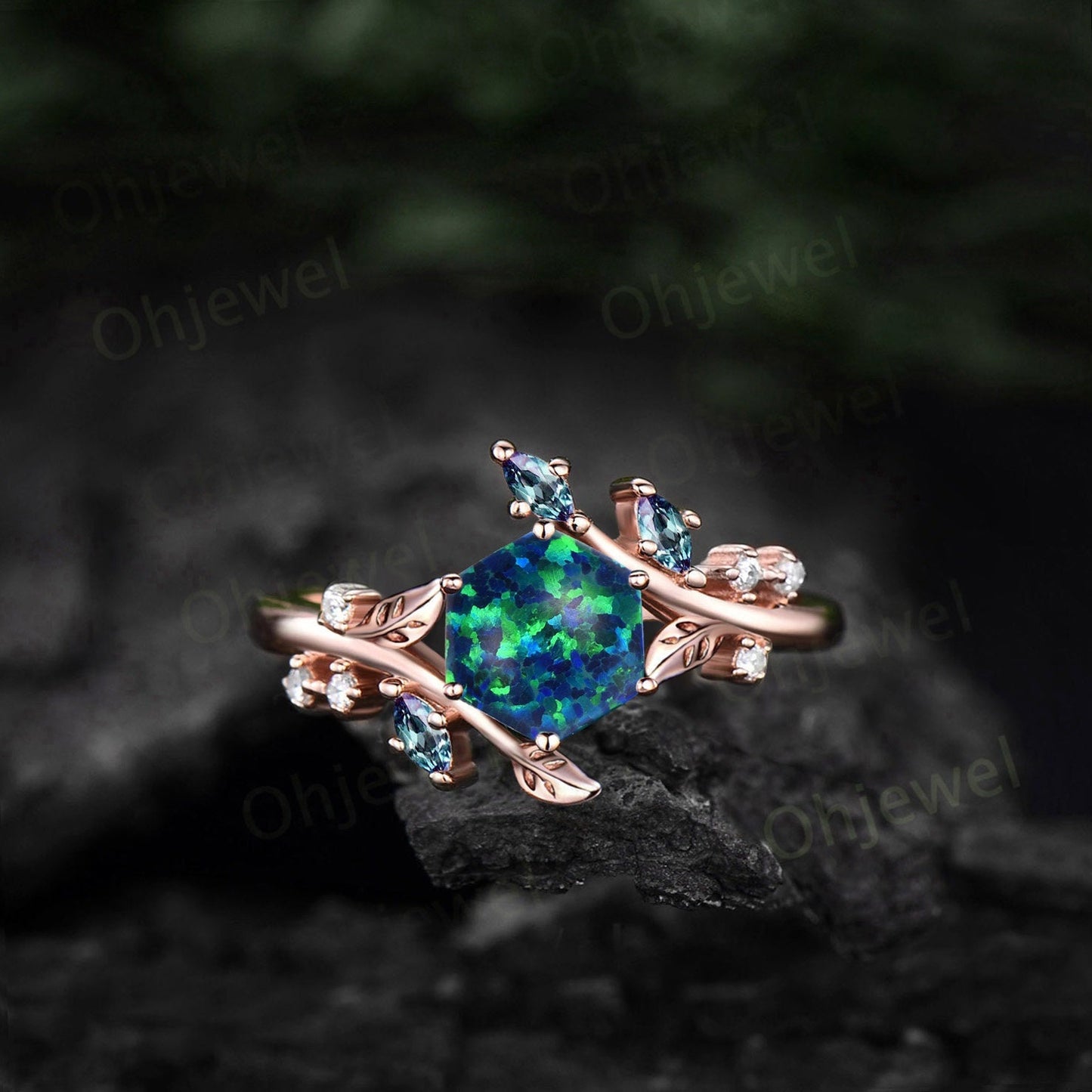 Hexagon black opal engagement ring rose gold Nature inspired leaf twig diamond ring women cluster alexandrite ring sterling silver gift