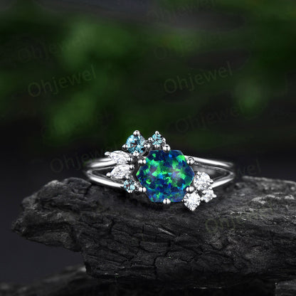 Hexagon black opal ring vintage rose gold cluster 6 prong split shank unique engagement ring women diamond alexandrite ring genstone gift