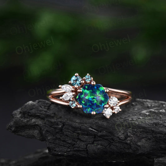 Hexagon black opal ring vintage rose gold cluster 6 prong split shank unique engagement ring women diamond alexandrite ring genstone gift