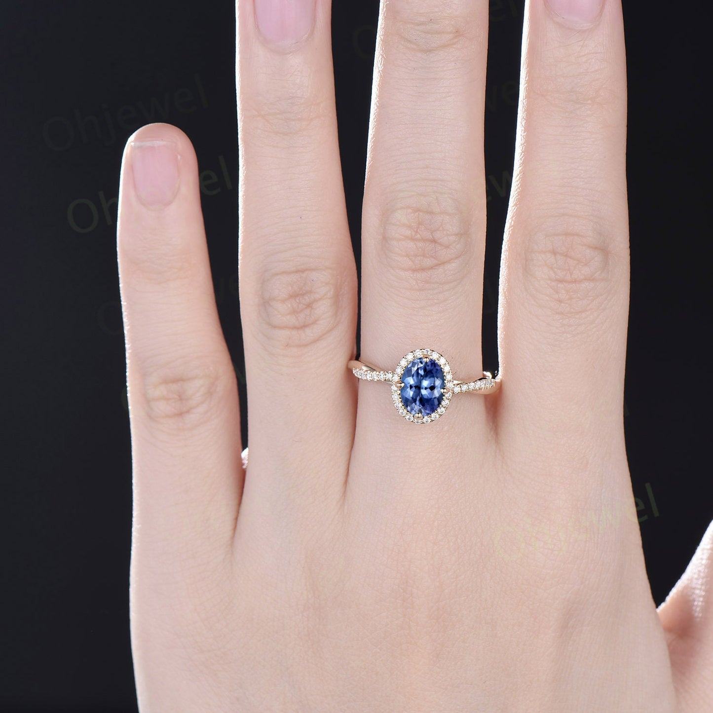 Oval natural Tanzanite ring vintage unique engagement ring halo twisted diamond ring prong set fine jewelry yellow gold bridal ring women