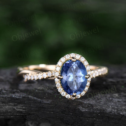 Oval natural Tanzanite ring vintage unique engagement ring halo twisted diamond ring prong set fine jewelry yellow gold bridal ring women