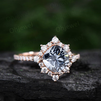 Vintage cushion cut gray moissanite engagement ring rose gold halo snowdrift moissanite ring unique bridal set half eternity ring women