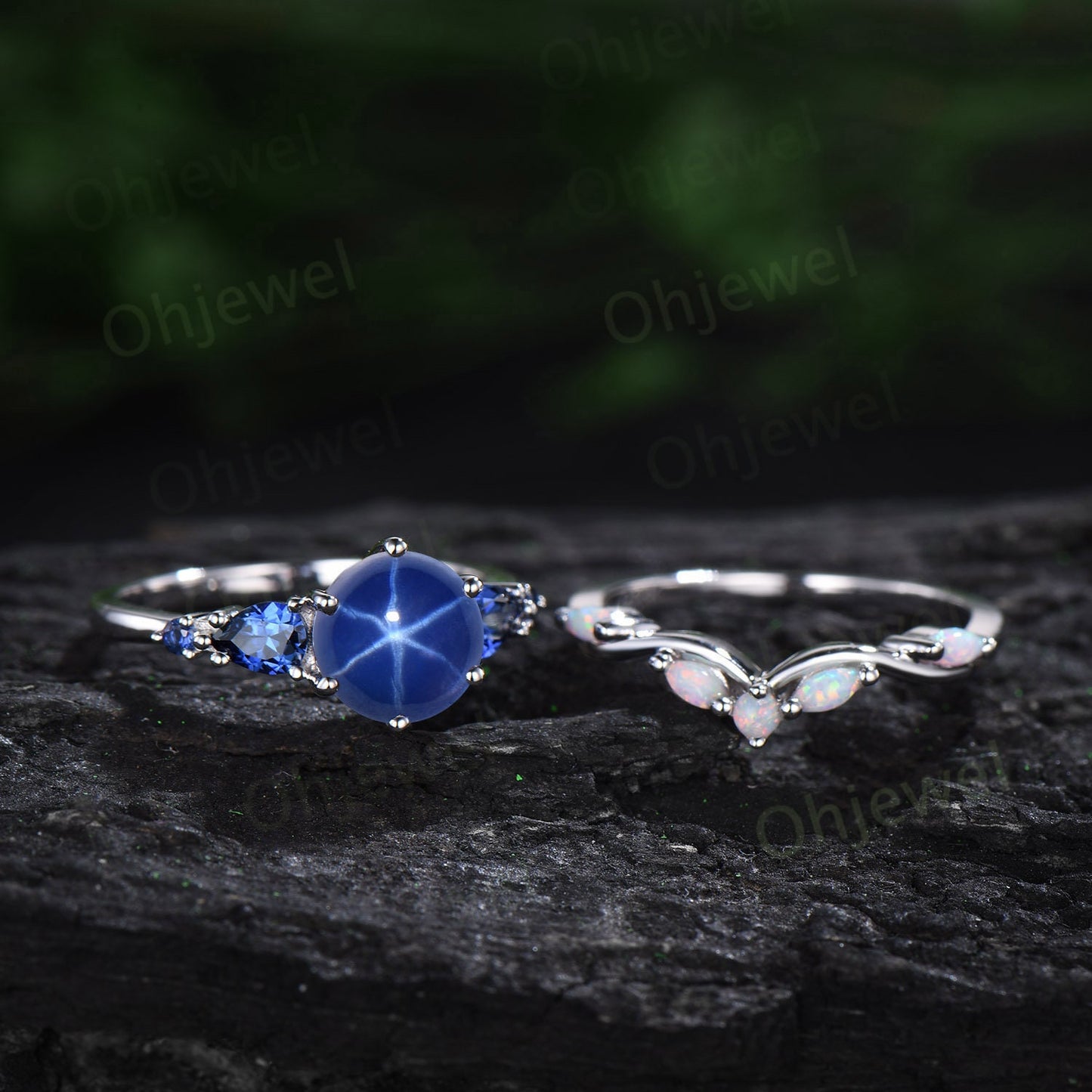 Round blue star sapphire ring vintage pear sapphire ring five stone blue gemstone ring opal wedding band engagement ring women bridal set