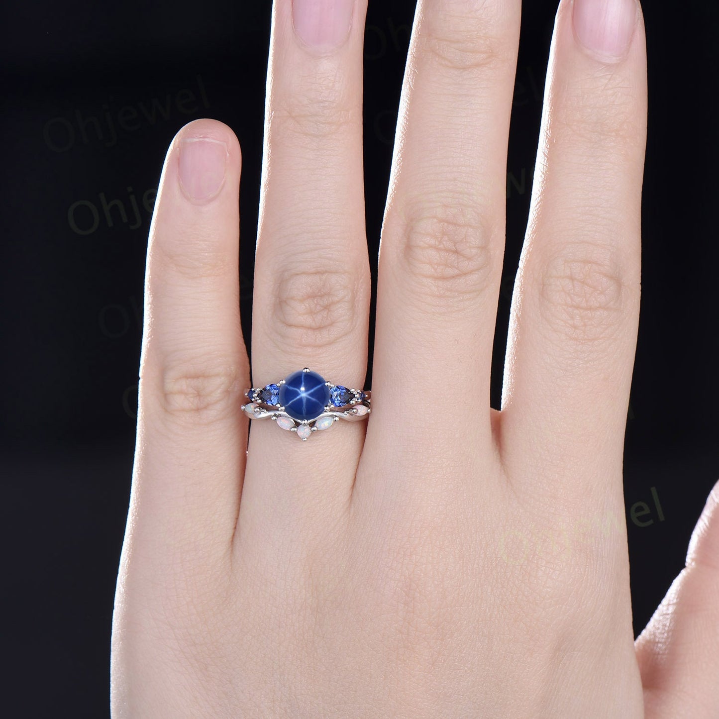 Round blue star sapphire ring vintage pear sapphire ring five stone blue gemstone ring opal wedding band engagement ring women bridal set