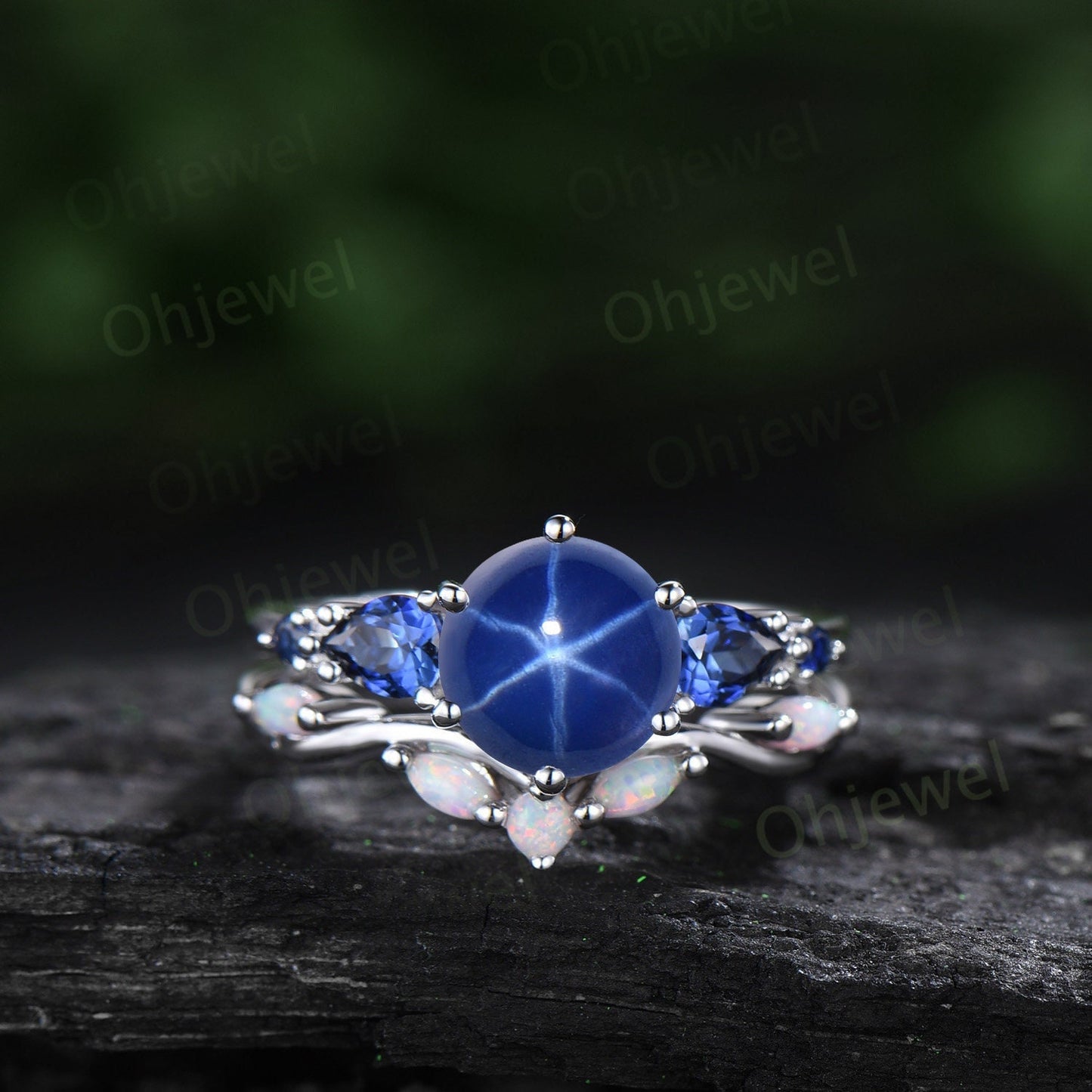 Round blue star sapphire ring vintage pear sapphire ring five stone blue gemstone ring opal wedding band engagement ring women bridal set