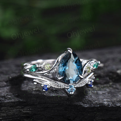 Pear shaped London blue topaz ring vintage art deco sapphire peridot emerald ring white gold twig nature inspired engagement ring women gift