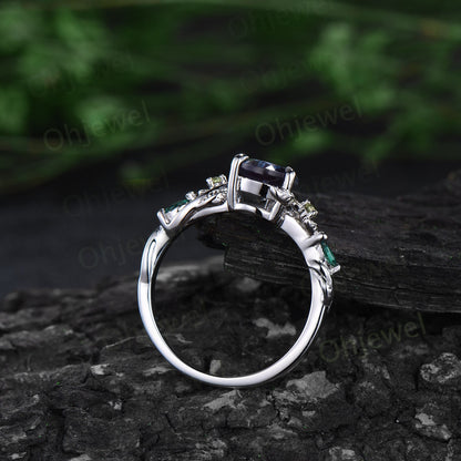 Pear shaped London blue topaz ring vintage art deco sapphire peridot emerald ring white gold twig nature inspired engagement ring women gift
