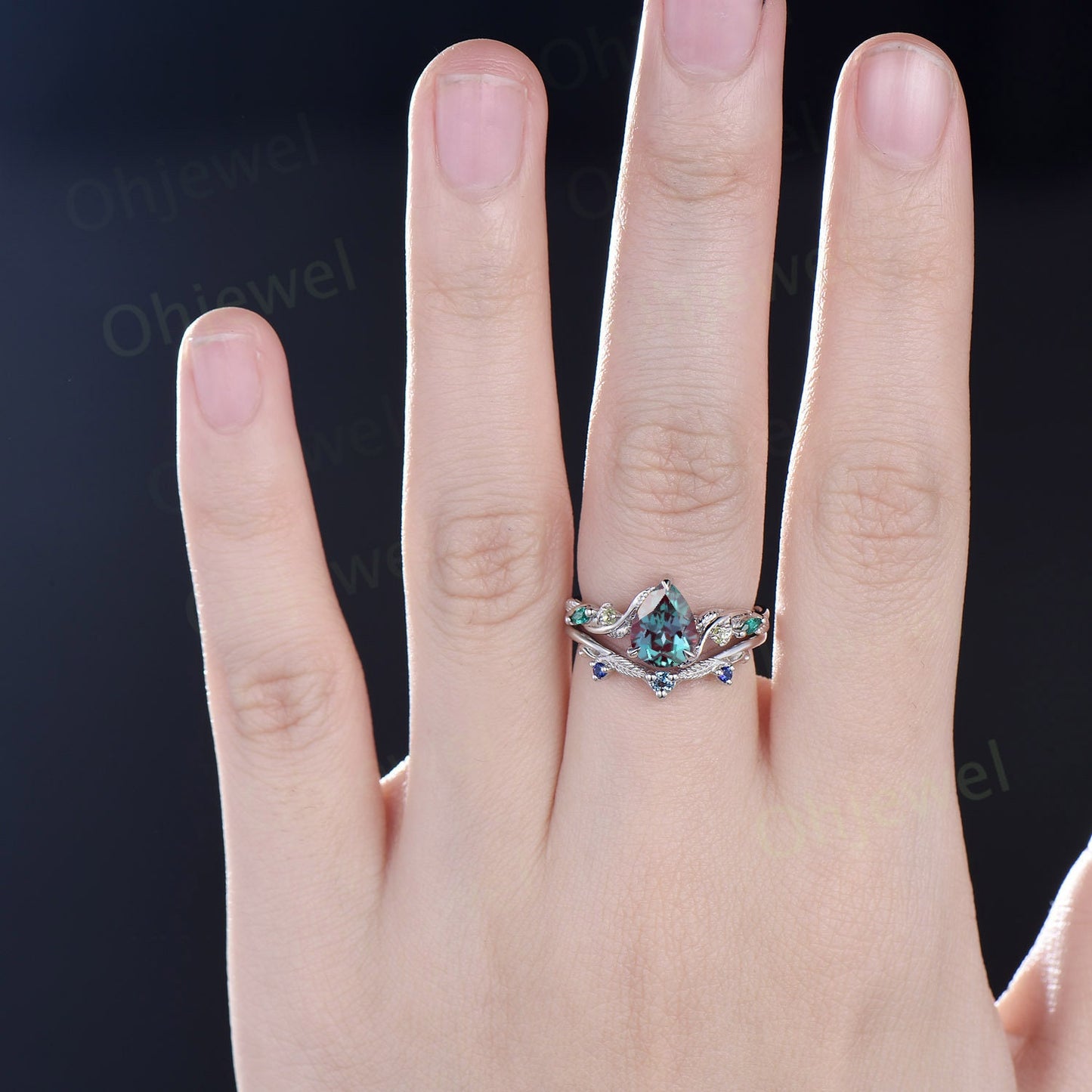 Pear shaped Alexandrite ring vintage art deco sapphire peridot emerald ring white gold leaf nature inspired engagement ring women bridal set