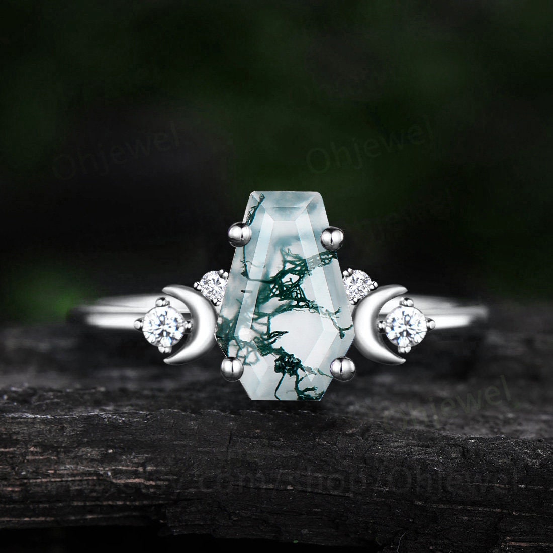Coffin green moss agate ring vintage moon five stone diamond ring rose gold cluster unique engagement ring dainty anniversary women gift