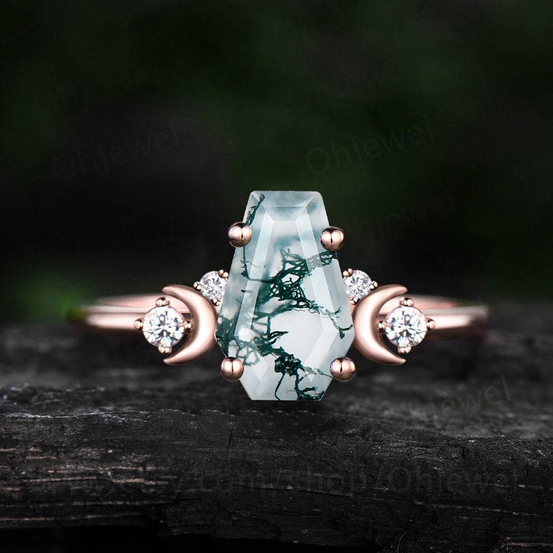Coffin green moss agate ring vintage moon five stone diamond ring rose gold cluster unique engagement ring dainty anniversary women gift