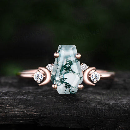 Coffin green moss agate ring vintage moon five stone diamond ring rose gold cluster unique engagement ring dainty anniversary women gift