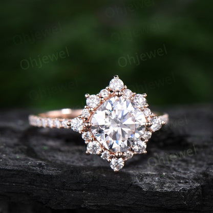 Vintage cushion cut moissanite engagement ring rose gold halo snowdrift moissanite ring unique bridal set half eternity wedding ring women