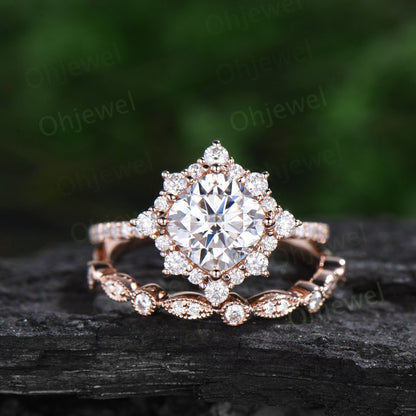 Vintage cushion cut moissanite engagement ring rose gold halo snowdrift moissanite ring unique bridal set half eternity wedding ring women