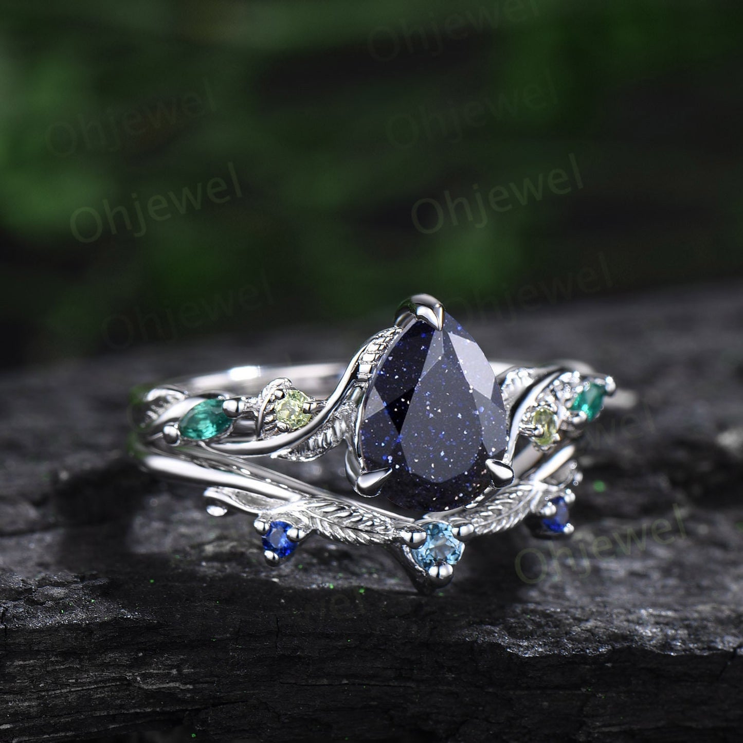 Pear shaped blue sandstone ring vintage art deco sapphire peridot emerald ring white gold twig nature inspired engagement ring women gift