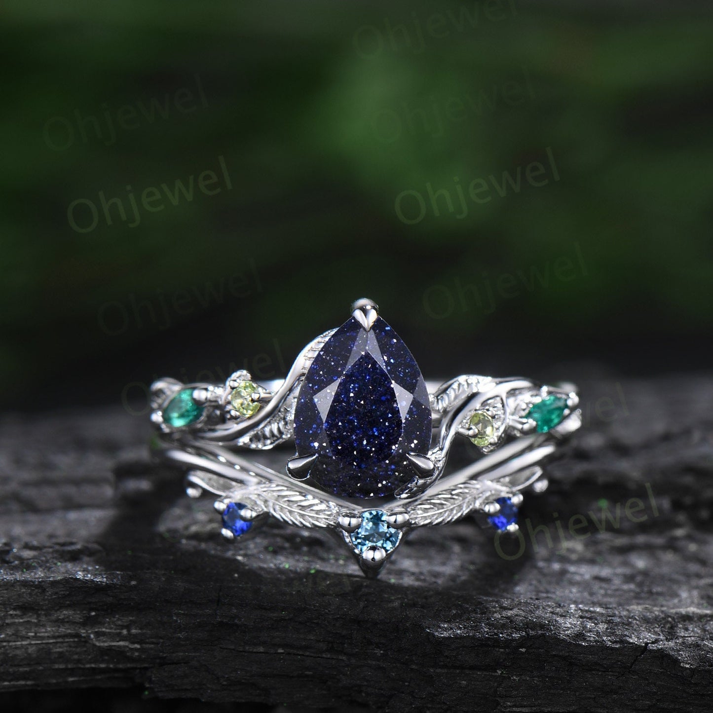 Pear shaped blue sandstone ring vintage art deco sapphire peridot emerald ring white gold twig nature inspired engagement ring women gift