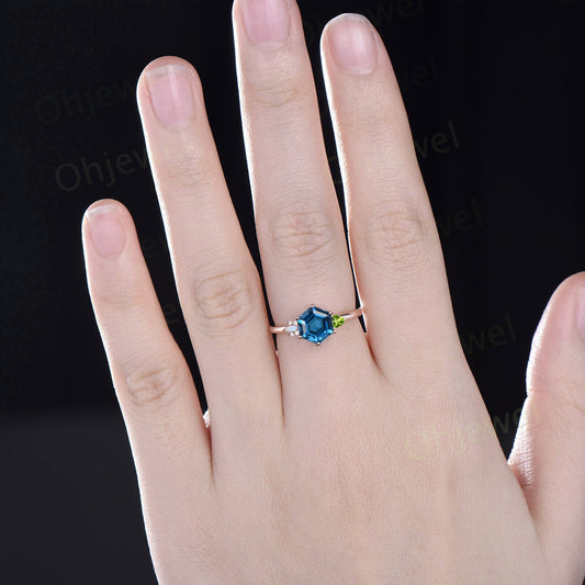Hexagon cut London blue topaz ring rose gold trillion peridot ring vintage unique engagement ring cluster opal moissanite ring women gift