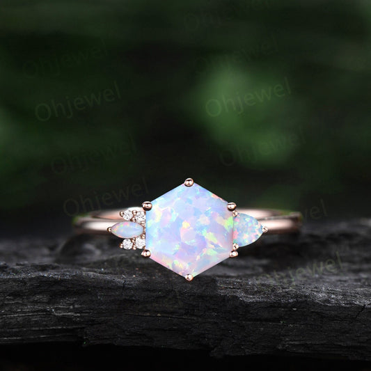 Hexagon opal ring vintage marquise trillion opal ring rose gold unique cluster engagement ring dainty moissanite wedding bridal ring women