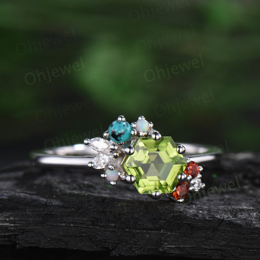Hexagon cut peridot ring vintage cluster opal garnet Turquoise moissanite ring white gold unique engagement ring Personalizedgemstone ring
