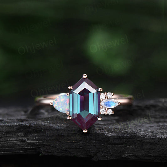 Long hexagon cut alexandrite ring vintage trillion opal ring women rose gold 6 prong unique engagement ring cluster moonstone bridal ring