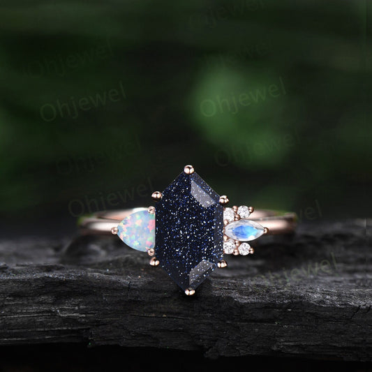 Long hexagon cut blue sandstone ring vintage trillion opal ring women rose gold 6 prong unique engagement ring cluster moonstone bridal ring