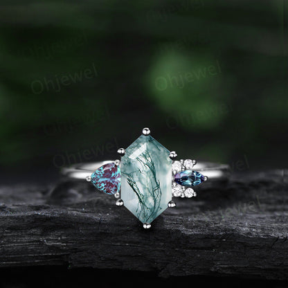 Long hexagon green moss agate ring cluster trillion alexandrite ring vintage unique engagement ring women rose gold dainty wedding ring gift