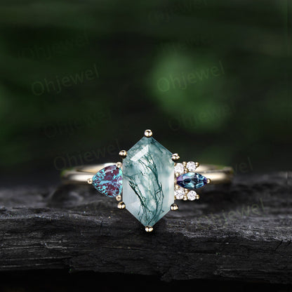 Long hexagon green moss agate ring cluster trillion alexandrite ring vintage unique engagement ring women rose gold dainty wedding ring gift