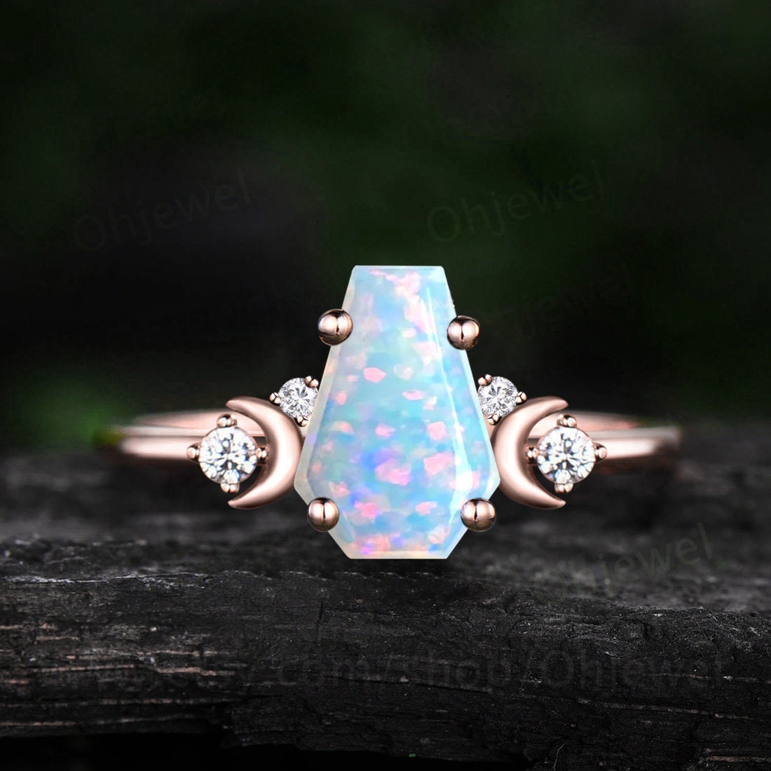 Coffin opal ring rose gold vintage diamond ring five stone moon ring unique opal engagement ring 925 sterling silver wedding ring women gift