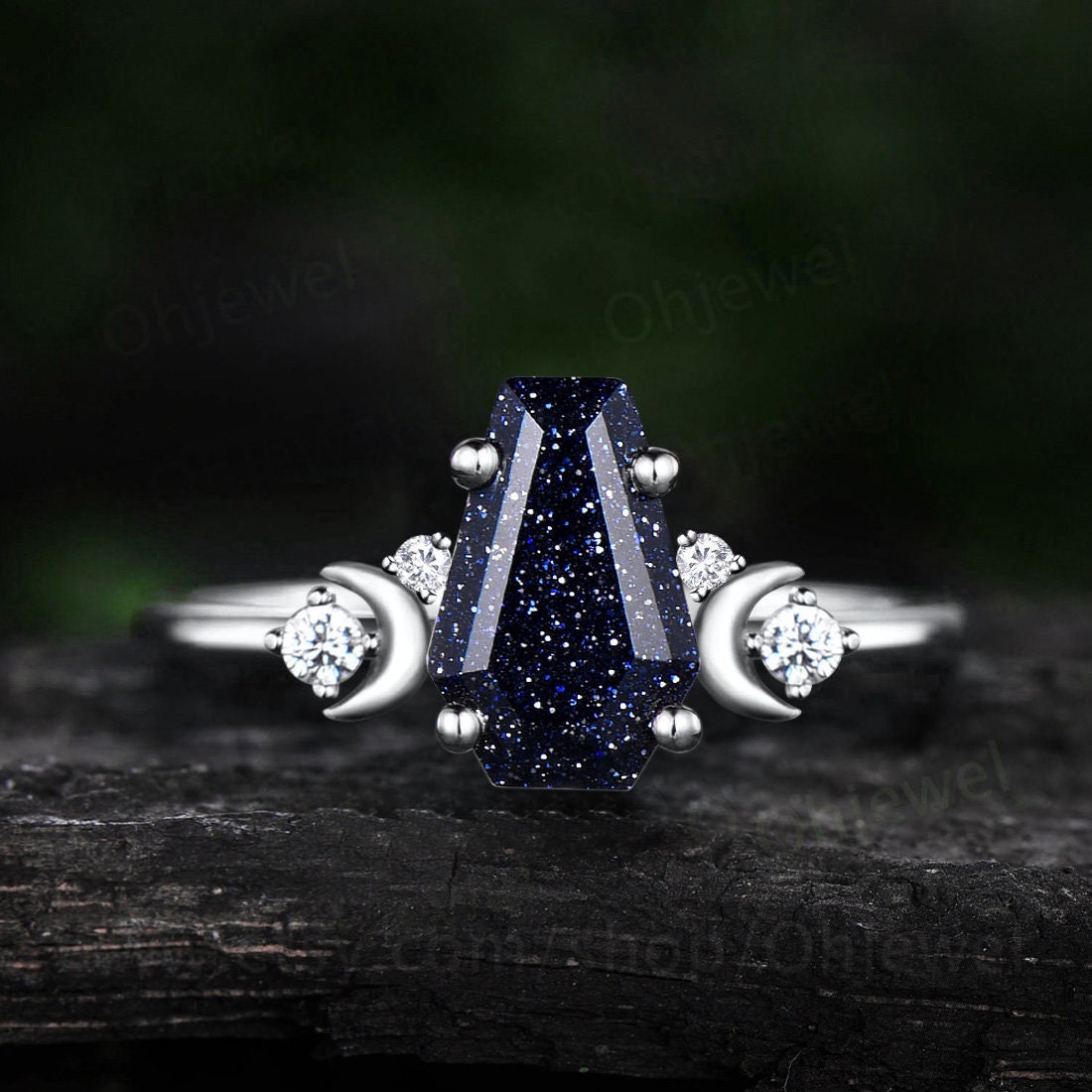 Coffin blue sandstone ring vintage blue goldstone ring rose gold engagement ring cluster diamond ring five stone wedding bridal ring women