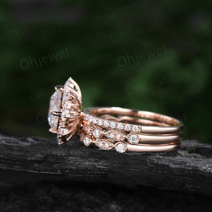 Vintage cushion cut moissanite engagement ring rose gold halo snowdrift moissanite ring unique bridal set half eternity wedding ring women