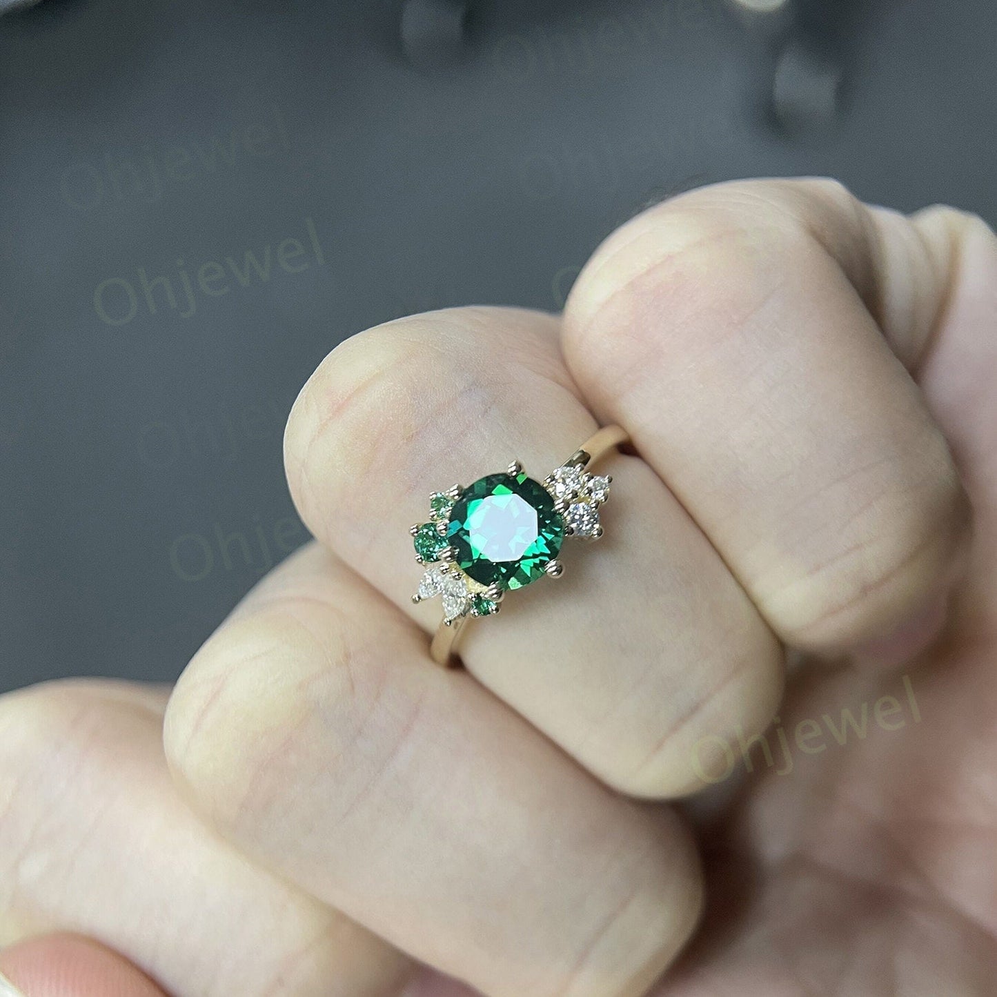 Round cut emerald ring gold silver for women vintage unique emerald engagement ring cluster art deco moissanite bridal ring gifts