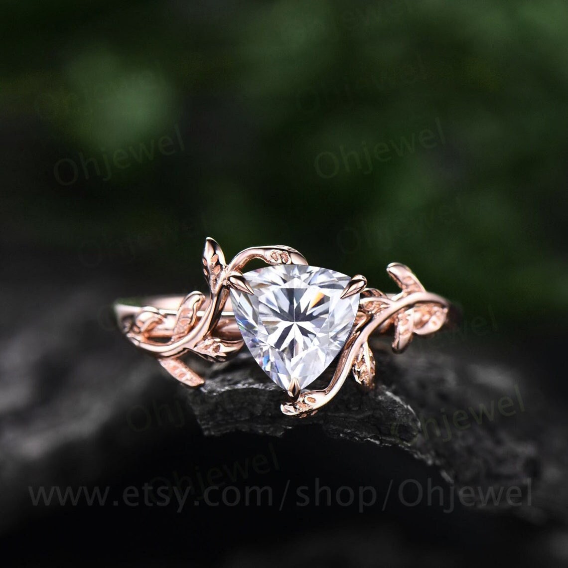 Vintage trillion cut Moissanite engagement ring leaf rose gold solitaire ring branches bridal ring women art deco unique promise ring her