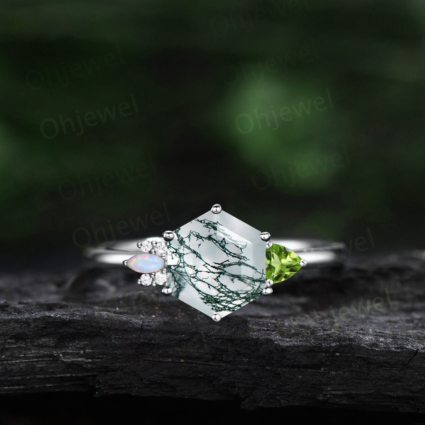 Hexagon cut moss agate ring vintage trillion peridot ring marquise opal ring cluster moissanite ring 6 prong rose gold engagement ring women