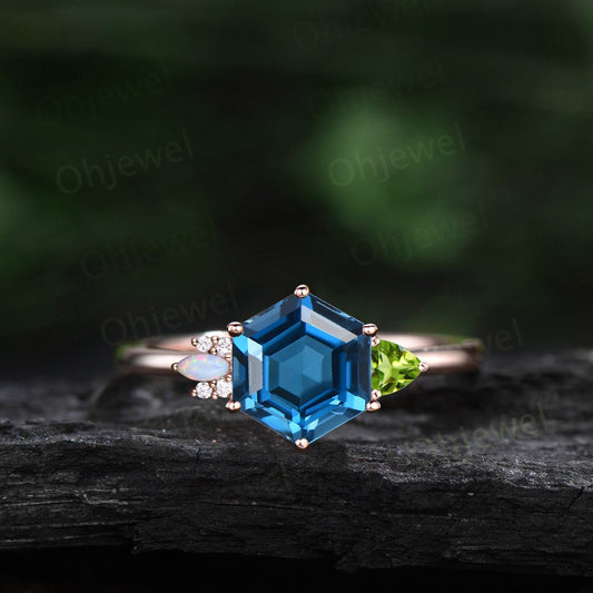 Hexagon cut London blue topaz ring rose gold trillion peridot ring vintage unique engagement ring cluster opal moissanite ring women gift