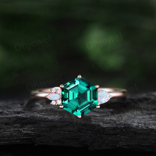 Hexagon cut emerald ring vintage marquise trillion opal ring cluster moissanite ring unique engagement ring women retro solid gold ring gift