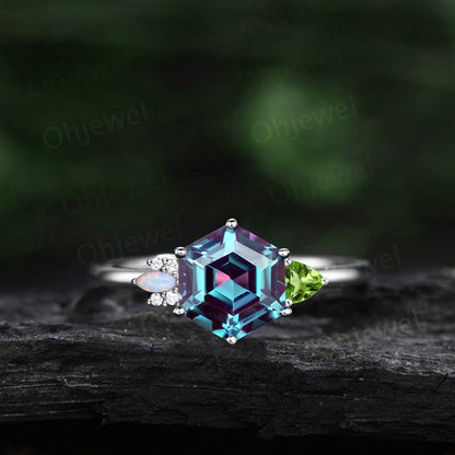 Hexagon Alexandrite ring vintage trillion peridot ring marquise opal ring cluster moissanite ring 6 prong rose gold engagement ring women