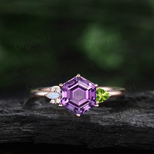 Hexagon cut purple amethsyt ring rose gold trillion peridot ring vintage unique engagement ring cluster opal moissanite ring women gift
