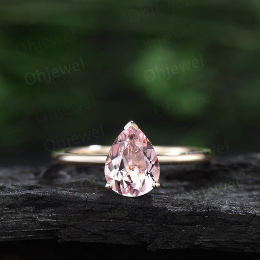 Pear shaped pink morganite ring solid 14k yellow gold dainty unique solitaire engagement ring Minimalist wedding promise ring women her gift