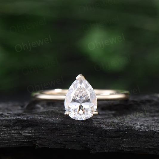 Pear shaped moissanite ring solid 14k yellow gold dainty unique solitaire engagement ring Minimalist bridal wedding promise ring women her
