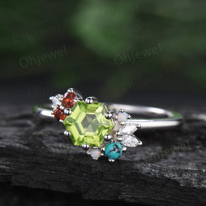 Hexagon cut peridot ring vintage cluster opal garnet Turquoise moissanite ring white gold unique engagement ring Personalizedgemstone ring