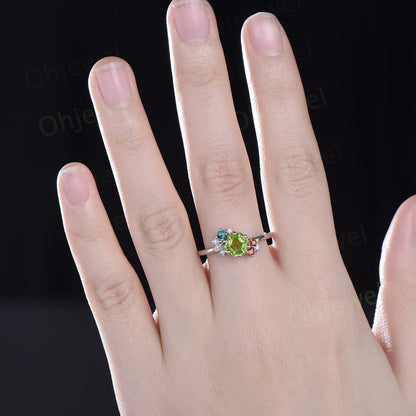 Hexagon cut peridot ring vintage cluster opal garnet Turquoise moissanite ring white gold unique engagement ring Personalizedgemstone ring