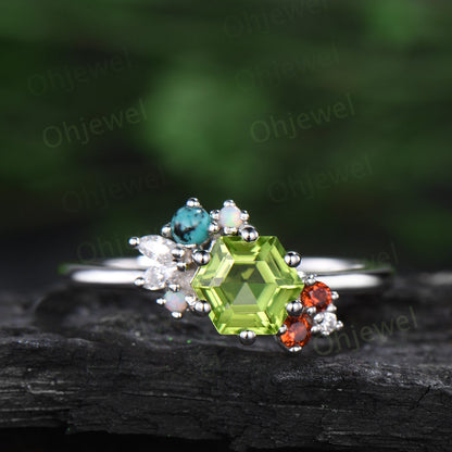 Hexagon cut peridot ring vintage cluster opal garnet Turquoise moissanite ring white gold unique engagement ring Personalizedgemstone ring