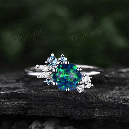 Hexagon black opal ring gold silver for women vintage unique opal engagement ring cluster alexandrite art deco diamond bridal ring gifts