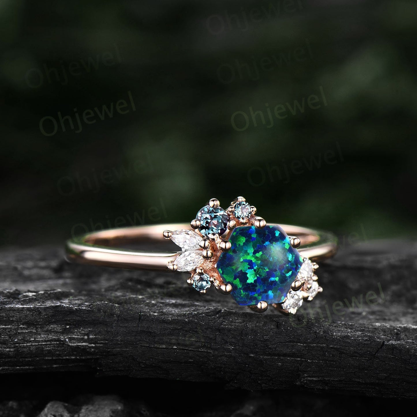 Hexagon black opal ring gold silver for women vintage unique opal engagement ring cluster alexandrite art deco diamond bridal ring gifts