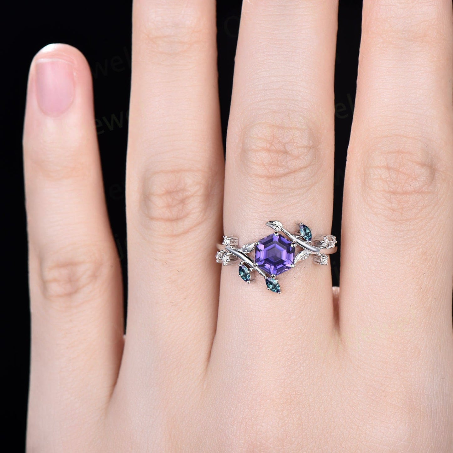 Hexagon purple sapphire ring vintage leaf Nature inspired engagement ring women twig cluster Alexandrite ring women rose gold gemstone ring