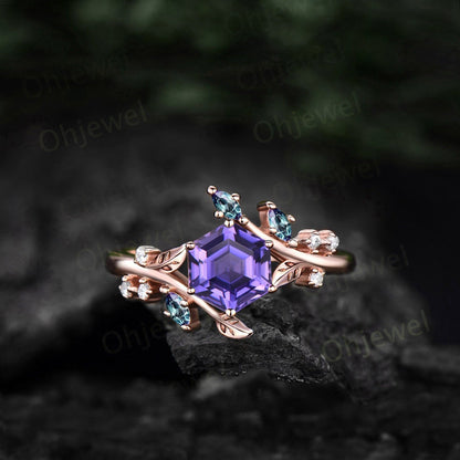Hexagon purple sapphire ring vintage leaf Nature inspired engagement ring women twig cluster Alexandrite ring women rose gold gemstone ring