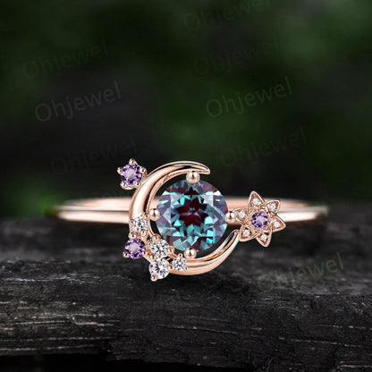 Round Alexandrite ring vintage cluster amethyst ring rose gold unique moon engagement ring retro star flower moissanite wedding ring women