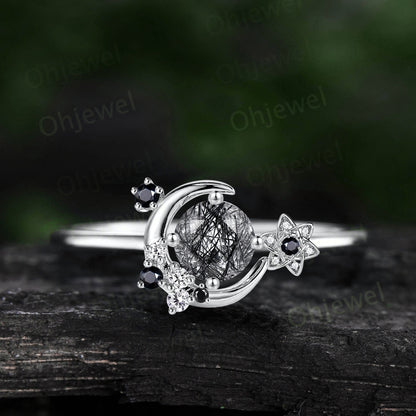Vintage round black rutilated quartz engagement ring 14k yellow gold star moon cluster moissanite ring black stone ring anniversary gift